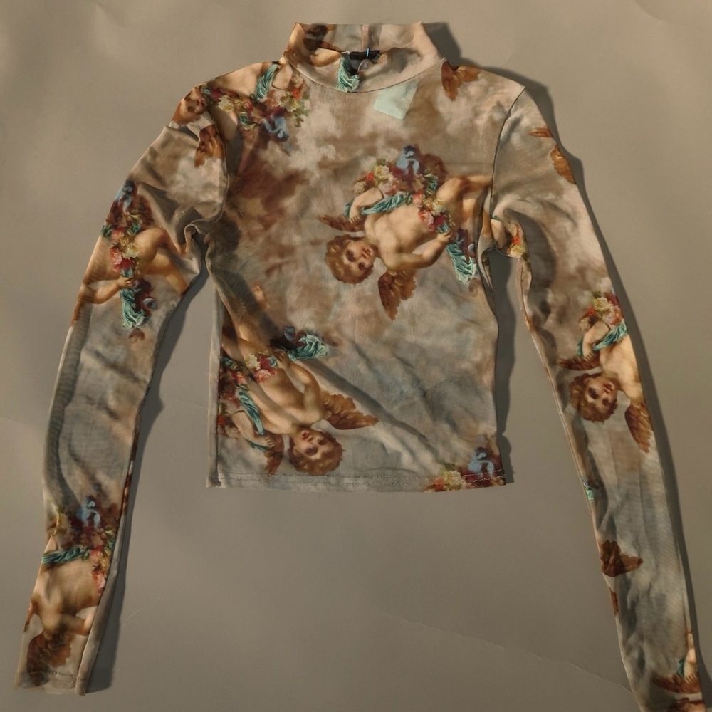 Urban Outfitters Angel Print Crop Top - Brown and Cream